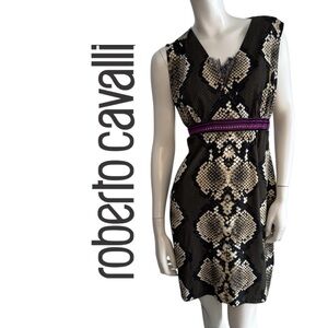 Roberto Cavalli Black & Cream Snake-Print V-Neck Dress with Purple Accent Waist